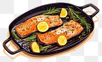 PNG  Grill pan with salmon fish steaks grilling seafood plate. AI generated Image by rawpixel.