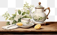 PNG  A pitcher of tea and a white mug on a wooden table art porcelain teapot. AI generated Image by rawpixel.
