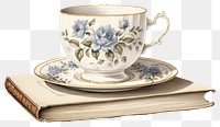 PNG  White tea cup on a book porcelain saucer coffee. AI generated Image by rawpixel.