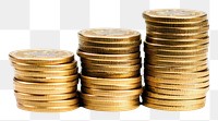 PNG Stack of golden bitcoins money white background investment. 