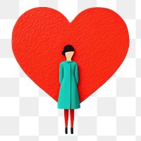 PNG  Young woman embraces a big red heart adult creativity standing. AI generated Image by rawpixel.