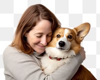 PNG  American middle age woman hugging pembroke welsh corgi pet portrait looking. AI generated Image by rawpixel.