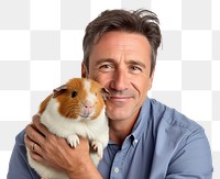 PNG  American middle age man hugging guinea pig animal person adult. AI generated Image by rawpixel.