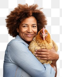 PNG African american middle age woman hugging guinea pig chicken poultry animal. 