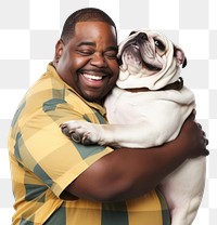 PNG  African american middle age chubby man hugging bulldog pet portrait animal. AI generated Image by rawpixel.