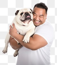 PNG  Asian middle age chubby man hugging bulldog pet portrait mammal. AI generated Image by rawpixel.