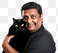 PNG  Indian middle age chubby man hugging black cat pet portrait mammal. AI generated Image by rawpixel.