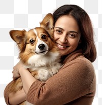 PNG  Indian middle age woman hugging pembroke welsh corgi pet portrait looking. AI generated Image by rawpixel.