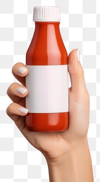 PNG Sauce bottle with white lable holding hand refreshment. AI generated Image by rawpixel.