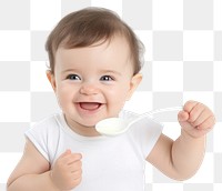 PNG  Baby eats porridge spoon white background beginnings innocence. AI generated Image by rawpixel.