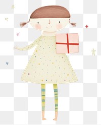 PNG Girl character holding gift box pattern art celebration. AI generated Image by rawpixel.