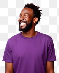 PNG  Young african american man with beard wearing casual purple t-shirt looking away to side with smile on face laughing adult white background. AI generated Image by rawpixel.