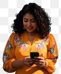 PNG Homely chubby latina texting smartphone adult architecture portability. 