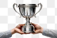 PNG Silver trophy holding hand achievement. AI generated Image by rawpixel.