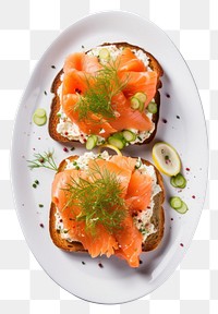 PNG  Cottage cheese toast salmon bread plate. AI generated Image by rawpixel.