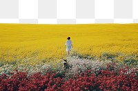 PNG A happy girl run floating with a dog landscape flower field. 