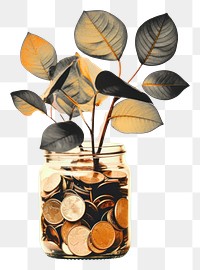 PNG A glass jar filled with coins and a plant leaf investment container. AI generated Image by rawpixel.