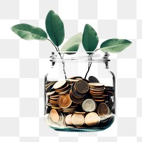 PNG A glass jar filled with coins and a plant investment container currency. AI generated Image by rawpixel.