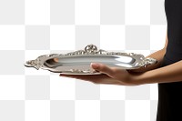 PNG  A butler waitress hand is holding up a silver platter jewelry accessories accessory. AI generated Image by rawpixel.