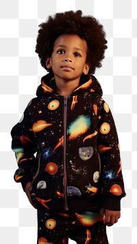 PNG A little black boy wearing cute galaxy pattern outfit photography portrait sweatshirt. AI generated Image by rawpixel.
