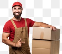 PNG Delivery man pointing box cardboard portrait. AI generated Image by rawpixel.