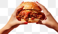 PNG Hand holding burger food red hamburger. 