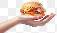 PNG  Hand holding burger food hamburger vegetable. AI generated Image by rawpixel.