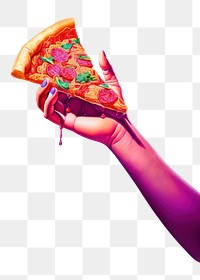 PNG A hand holding a slice of pizza adult food advertisement. 