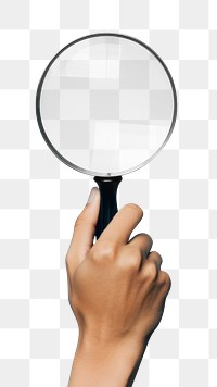 PNG Hand holding magnifying glass photography blue blue background. 