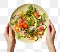 PNG Hands holding salad on plate adult food vegetable. AI generated Image by rawpixel.