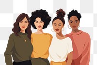 PNG Minimal aesthetic flat vector of *4 Millennial women looking at the camera with confidence*, Diverse group of strong independent women standing together, asian, girl power, woman empowering, isolated on solid white background --ar 3:2