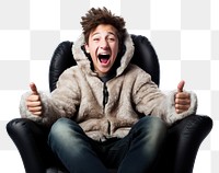 PNG Chubby teenager sitting on bean bag chair shouting white background excitement. 