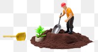 PNG Man planting a big coin on soil gardening outdoors white background. AI generated Image by rawpixel.