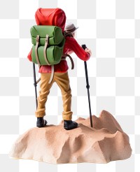 PNG Backpacker backview on top of the mountain miniature figurine white background. AI generated Image by rawpixel.