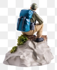 PNG Backpacker backview on top of the mountain figurine adult white background. AI generated Image by rawpixel.