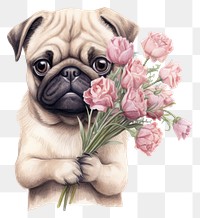 PNG  Pug holding flowers animal mammal plant. AI generated Image by rawpixel.