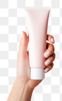PNG Hand holding skincare tube cosmetics pink pink background. AI generated Image by rawpixel.