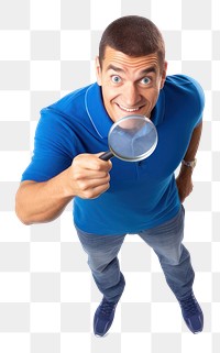 PNG Man in blue T-shirt holding magnifying glass portrait t-shirt adult. AI generated Image by rawpixel.