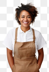 PNG A multiracial woman wearing white linen shirt with a brown apron smiling smile white background. AI generated Image by rawpixel.