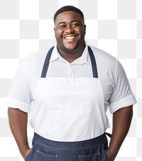 PNG A plus size multiracial man wearing white linen shirt with a black apron smiling adult white background. AI generated Image by rawpixel.