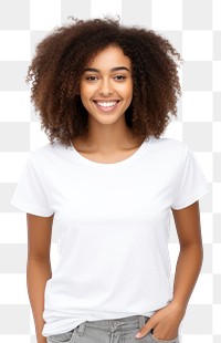 PNG Woman in white t-shirt portrait sleeve smile. AI generated Image by rawpixel.