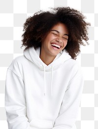 PNG Woman in white sweaater laughing sweatshirt sweater. AI generated Image by rawpixel.