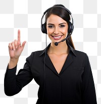 PNG A female customer service worker wearing a headset hand headphones gesturing. 