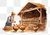PNG Woman farmer collecting chicken eggs in a barn poultry cartoon adult. AI generated Image by rawpixel.