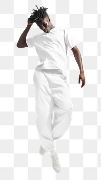 Man full body png in white outfit, transparent background