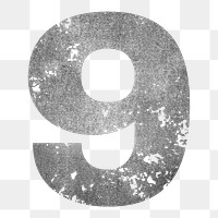 Number 9 png gray grunge font, transparent background