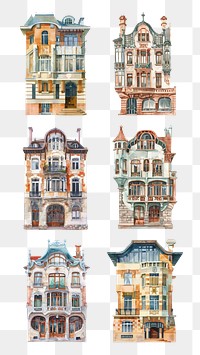 PNG watercolor art nouveau house design element set, transparent background