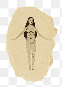 Png naked woman sticker, vintage illustration on ripped paper, transparent background