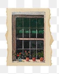 Vintage window png sticker, Winslow Homer-inspired artwork, transparent background, ripped paper badge, remixed by rawpixel