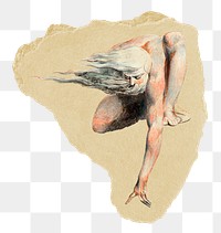 Png man touching ground sticker, William Blake-inspired artwork, transparent background, ripped paper badge, remixed by rawpixel